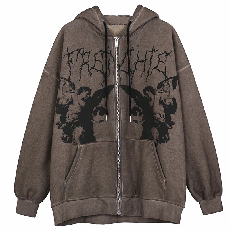 Vintage Zip Hoodie - هوديز نسائية كبيرة الحجم بطبعة ملائكة